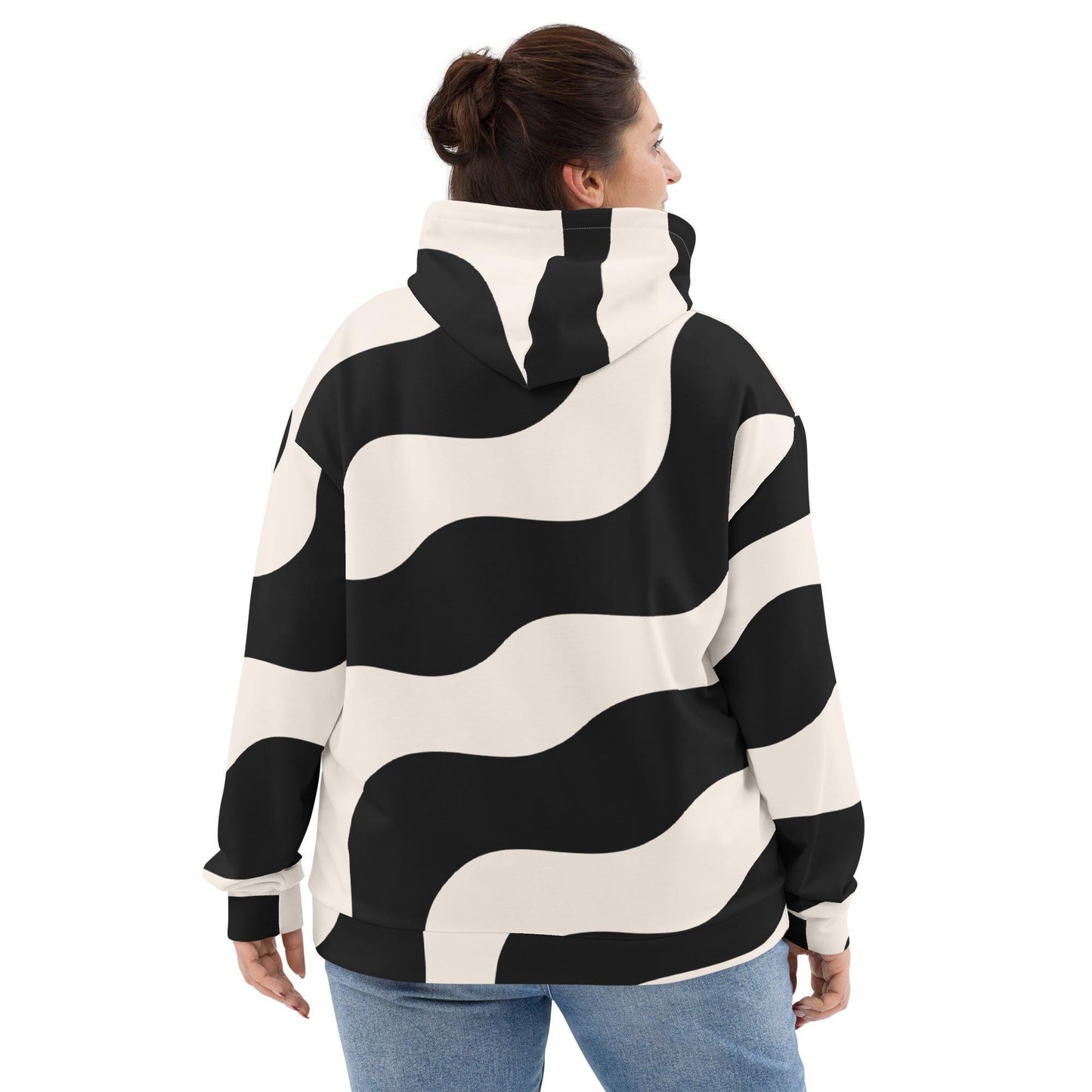 Sweat à capuche pour femme – Beige & Noir – Polyester recyclé, doux & durable – Graphique Minimaliste