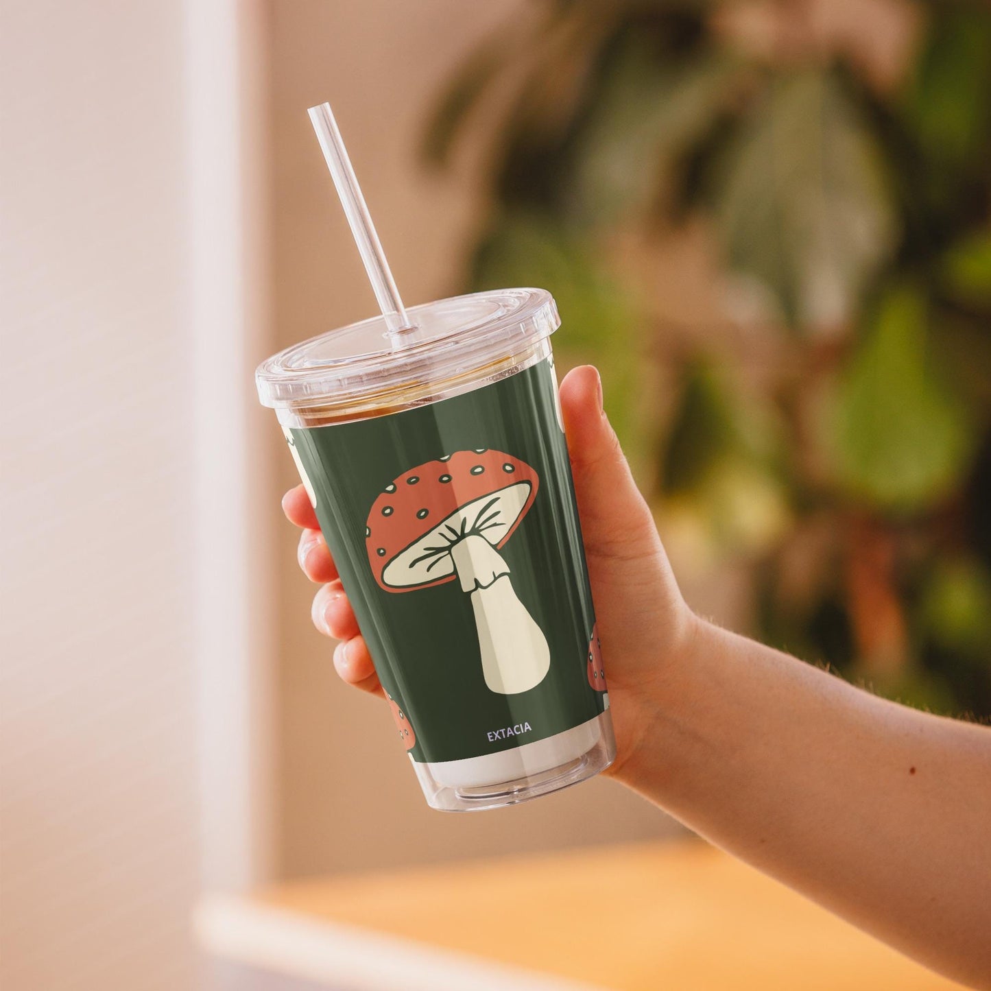 Gobelet en plastique transparent – Réutilisable, sans BPA - 590 ml (16 oz) – Cadeau personnalisé original - Design Minimaliste Champignon
