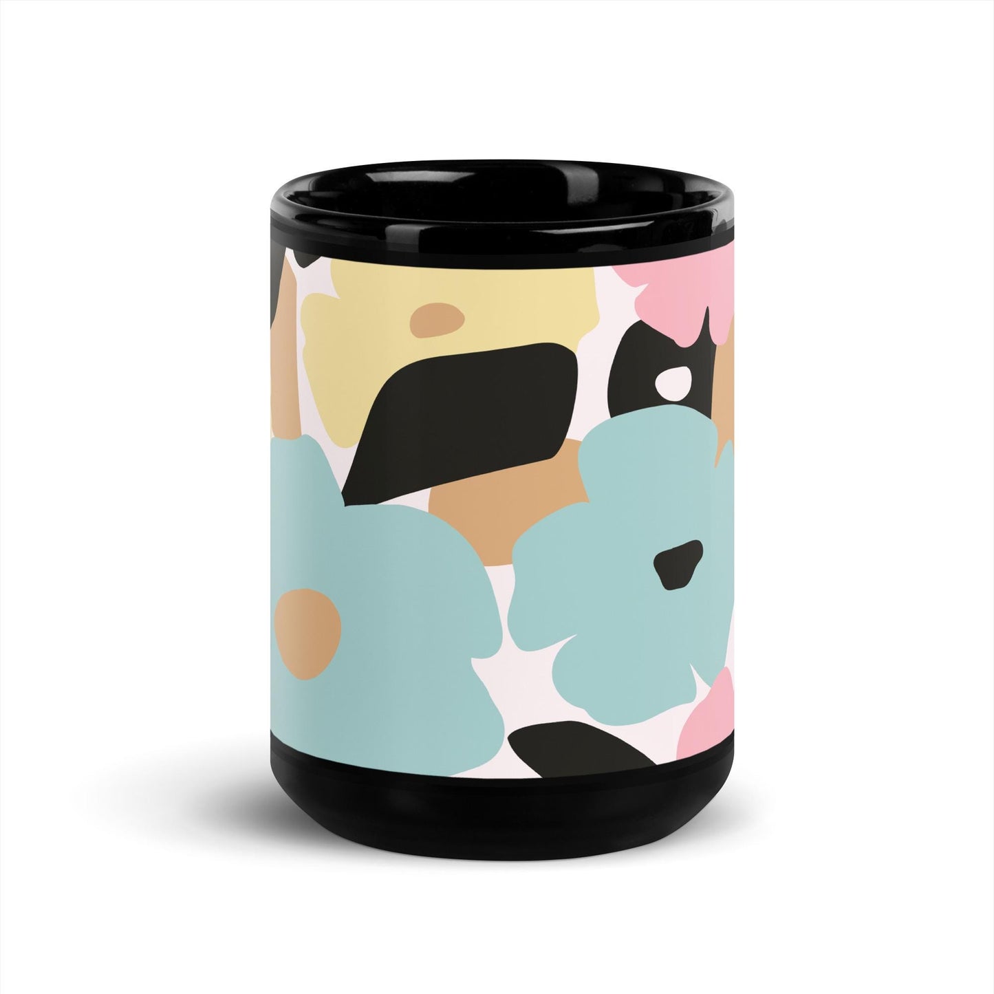 Mug Noir à Intérieur Coloré – Tasse en Céramique Élégante - Design Florale - Café, Thé, Chocolat - cuisine, cadeau, anniversaire, bureau