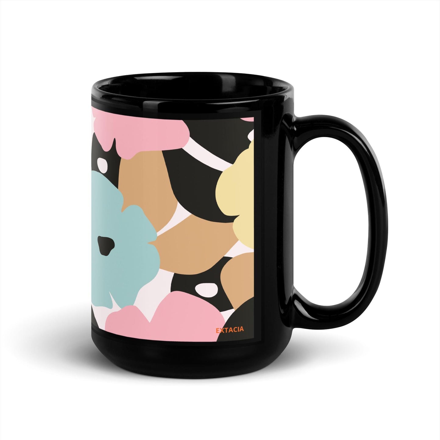 Mug Noir à Intérieur Coloré – Tasse en Céramique Élégante - Design Florale - Café, Thé, Chocolat - cuisine, cadeau, anniversaire, bureau