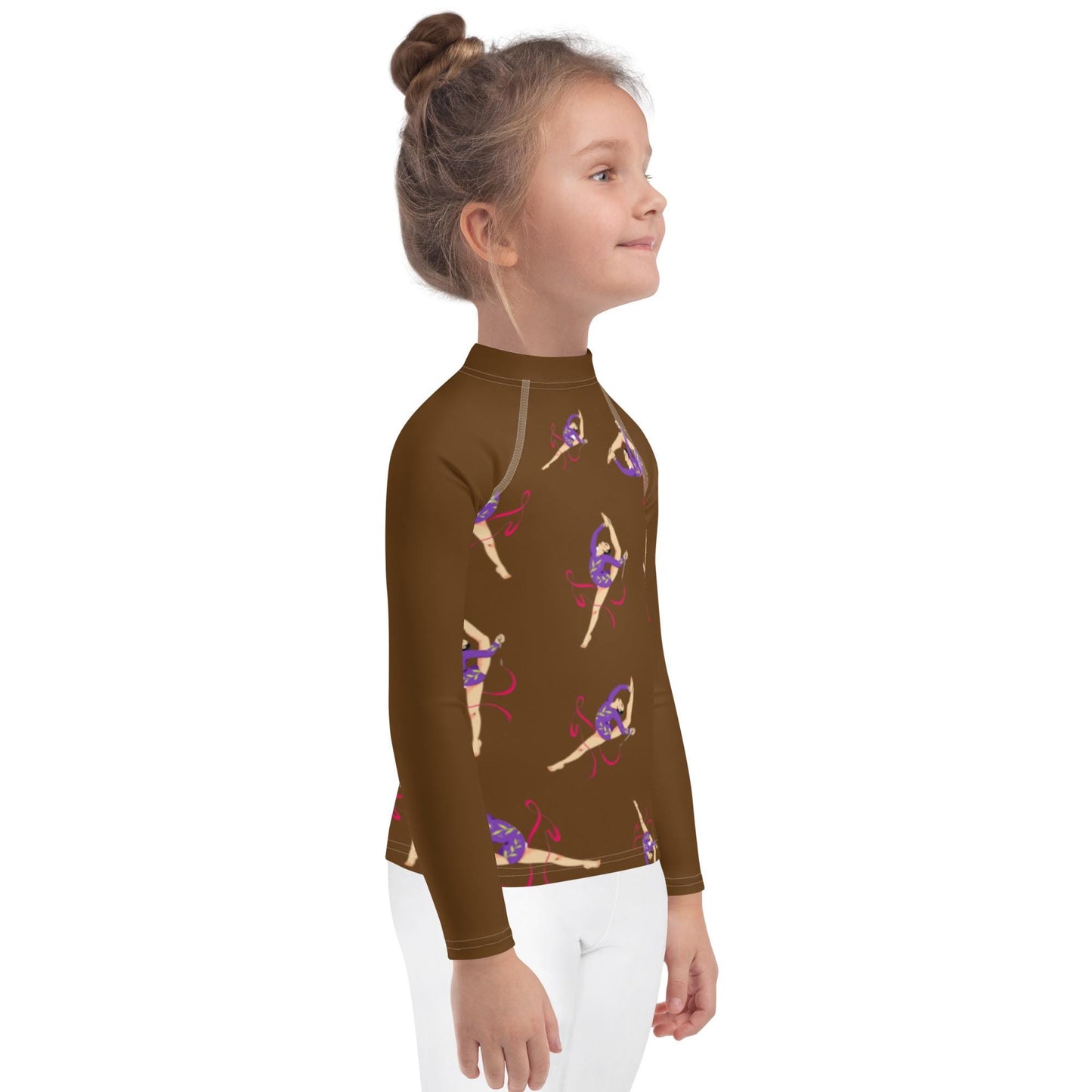Rash guard pour petite fille – Marron – Compression légère, séchage rapide – Motif Gymnaste Danseuse