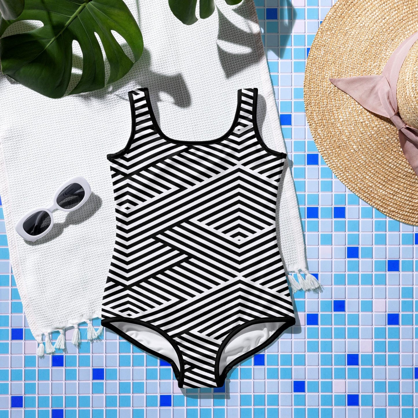 Maillot de bain 1 pièce pour fille ado – Blanc & Noir – maintien & séchage rapide – Graphique