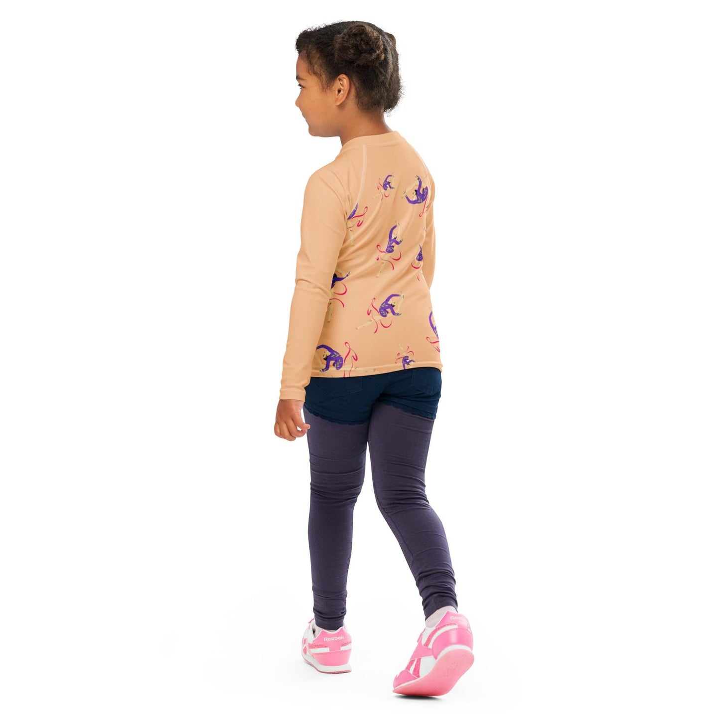 Rash guard pour petite fille – Saumon – Compression légère, séchage rapide – Motif Gymnaste Danseuse