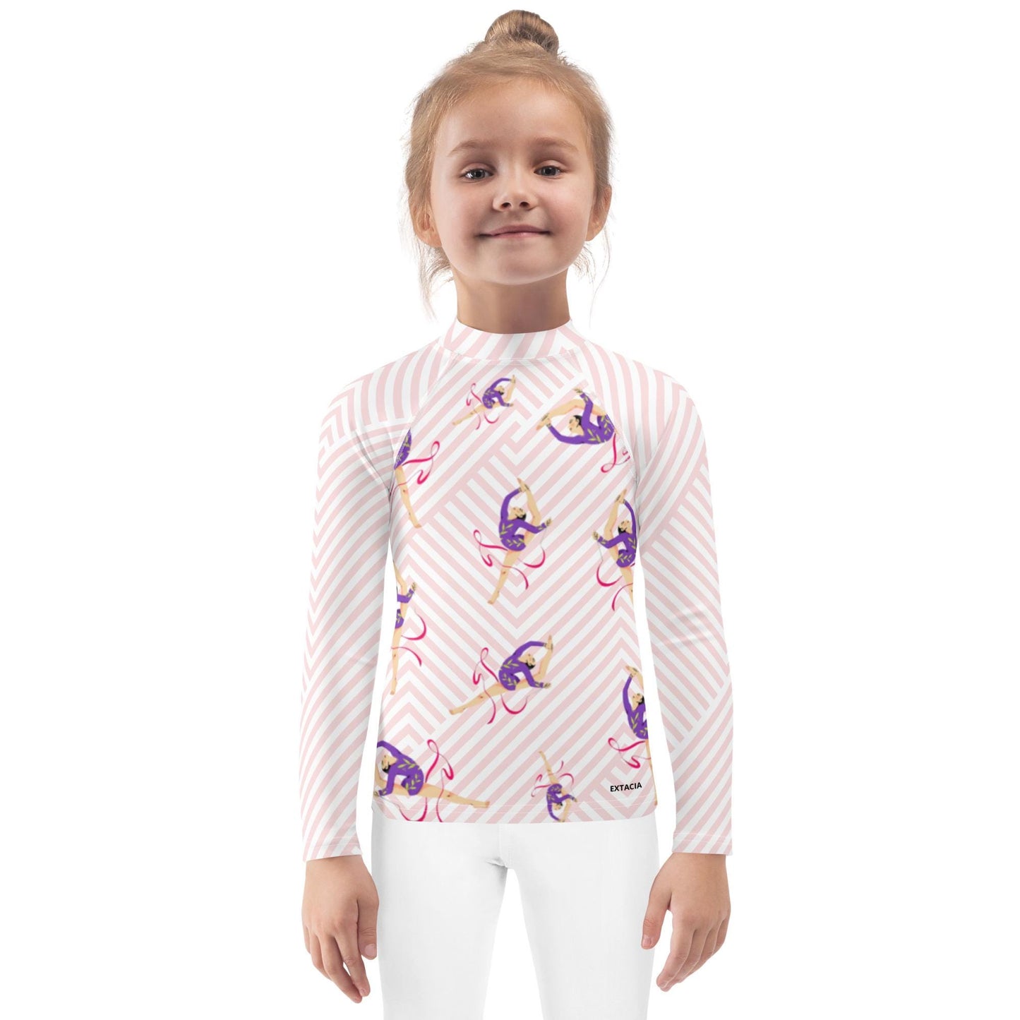Rash guard pour petite fille – Blanc & Rose – Compression légère, séchage rapide – Motif Gymnaste Danseuse