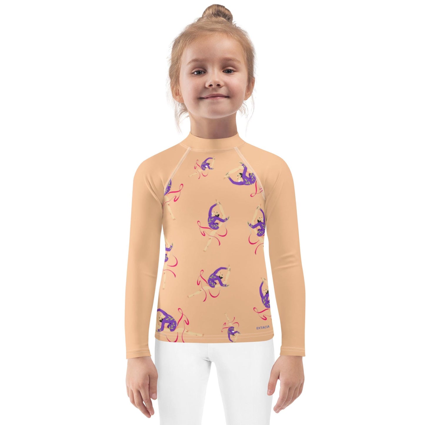 Rash guard pour petite fille – Saumon – Compression légère, séchage rapide – Motif Gymnaste Danseuse
