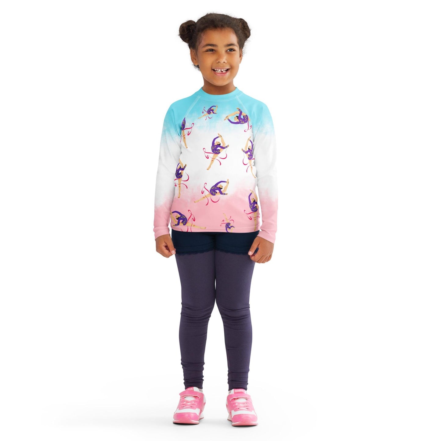 Rash guard pour petite fille – Dégradé Bleu, Blanc, Rosé – Compression légère, séchage rapide – Motif Gymnaste Danseuse