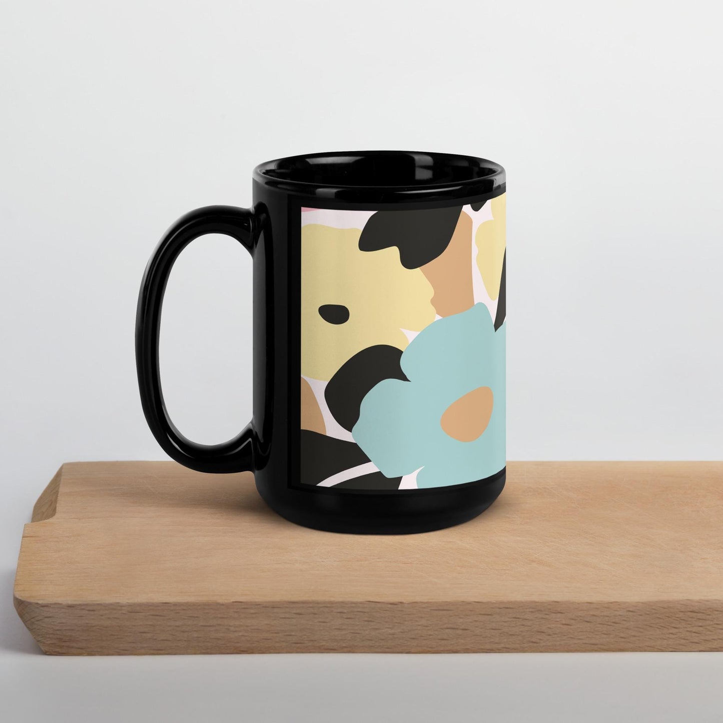 Mug Noir à Intérieur Coloré – Tasse en Céramique Élégante - Design Florale - Café, Thé, Chocolat - cuisine, cadeau, anniversaire, bureau