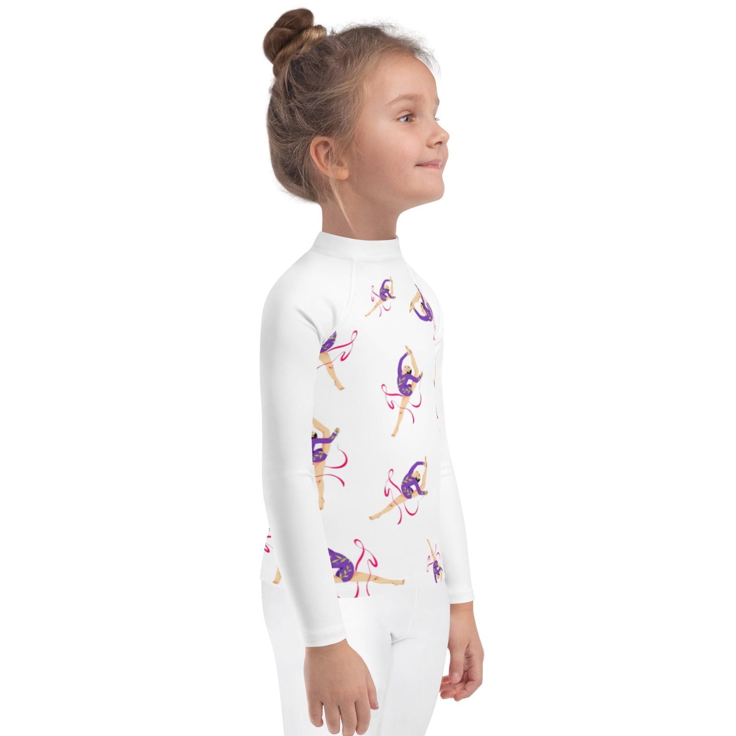 Rash guard pour petite fille – Blanc – Compression légère, séchage rapide – Motif Gymnaste Danseuse