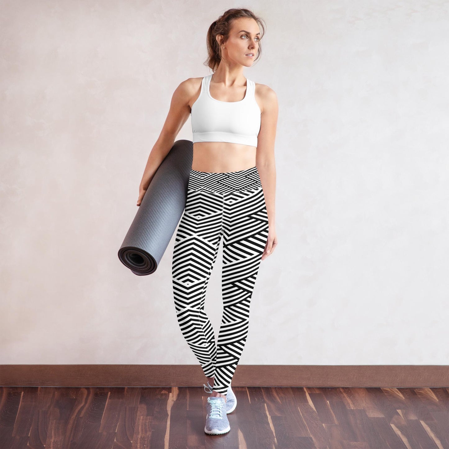 Legging de yoga pour femme – Blanc & Noir – Stretch, taille haute, séchage rapide – Graphique Minimaliste