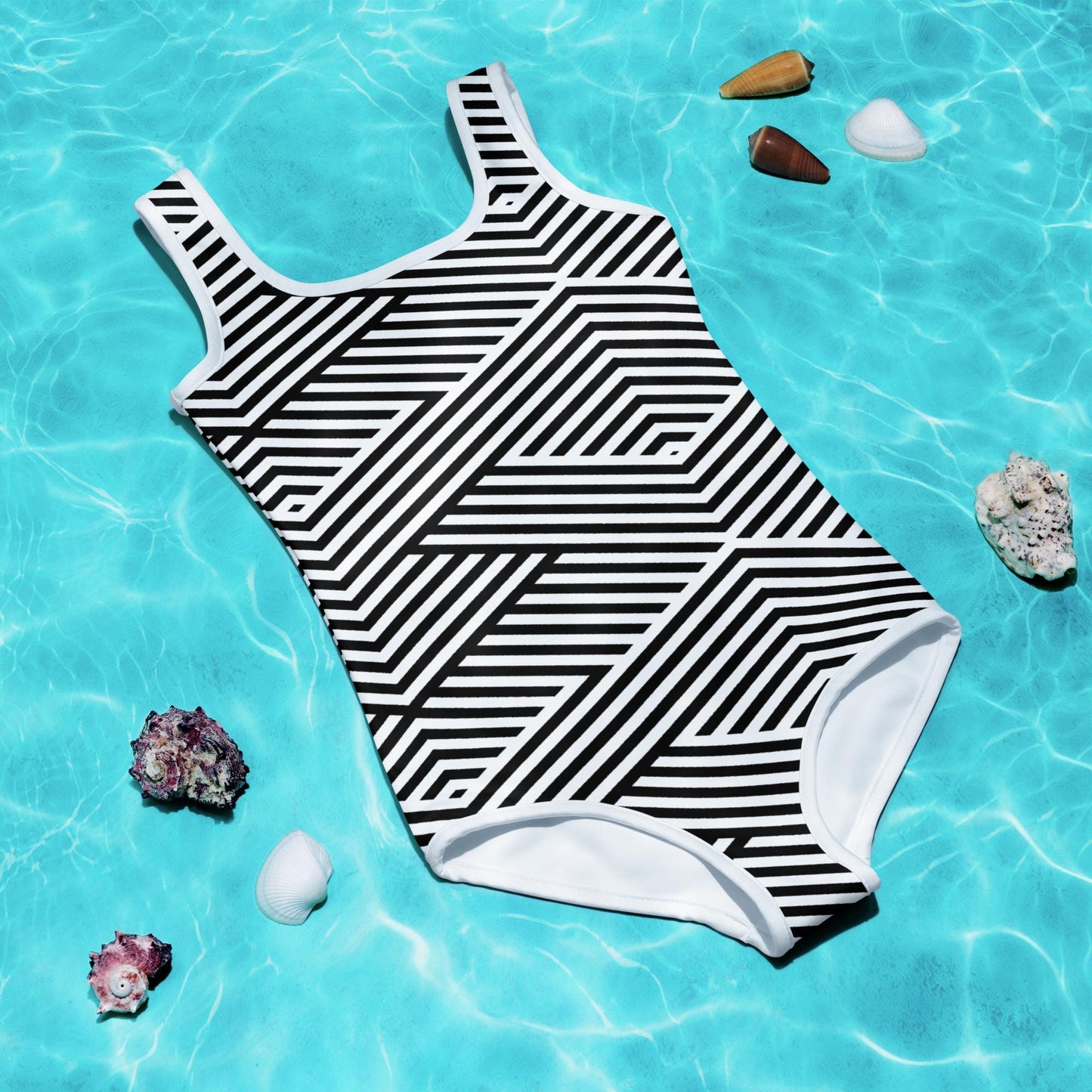Maillot de bain 1 pièce pour petite fille – Blanc & Noir – Confort, maintien & séchage rapide – Graphique