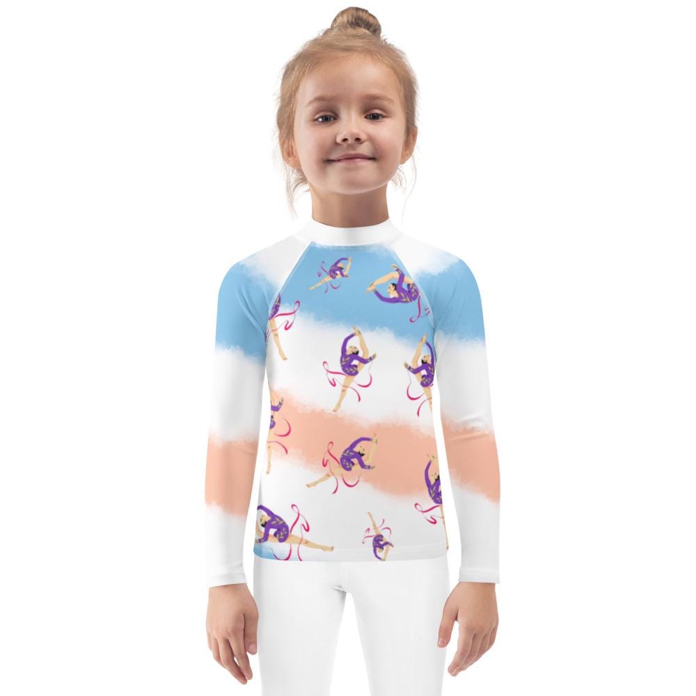 Rash guard pour petite fille – Dégradé Bleu, Blanc, Saumon – Compression légère, séchage rapide – Motif Gymnaste Danseuse