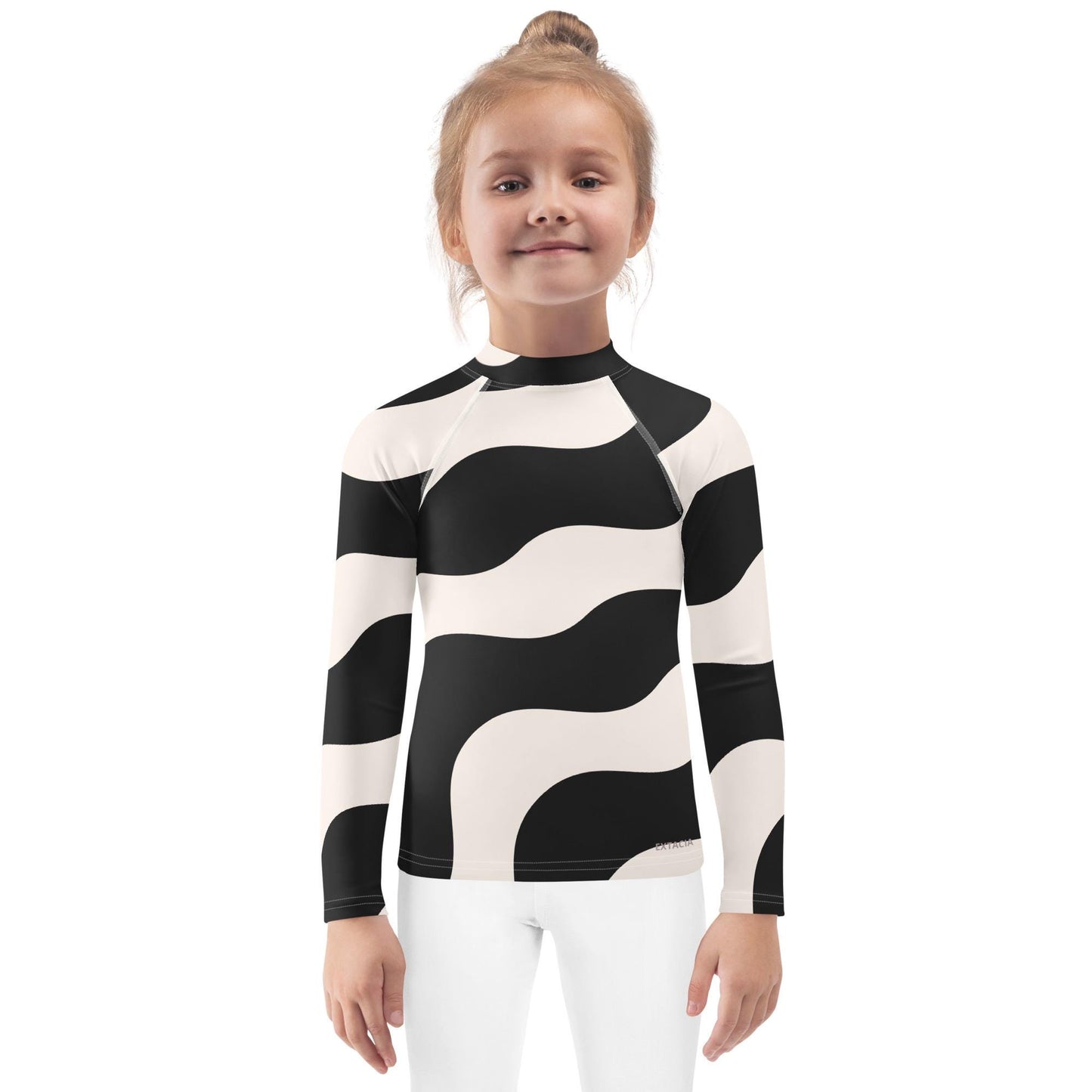 Rash guard pour petite fille – Beige & Noir – Compression légère, séchage rapide – Graphique