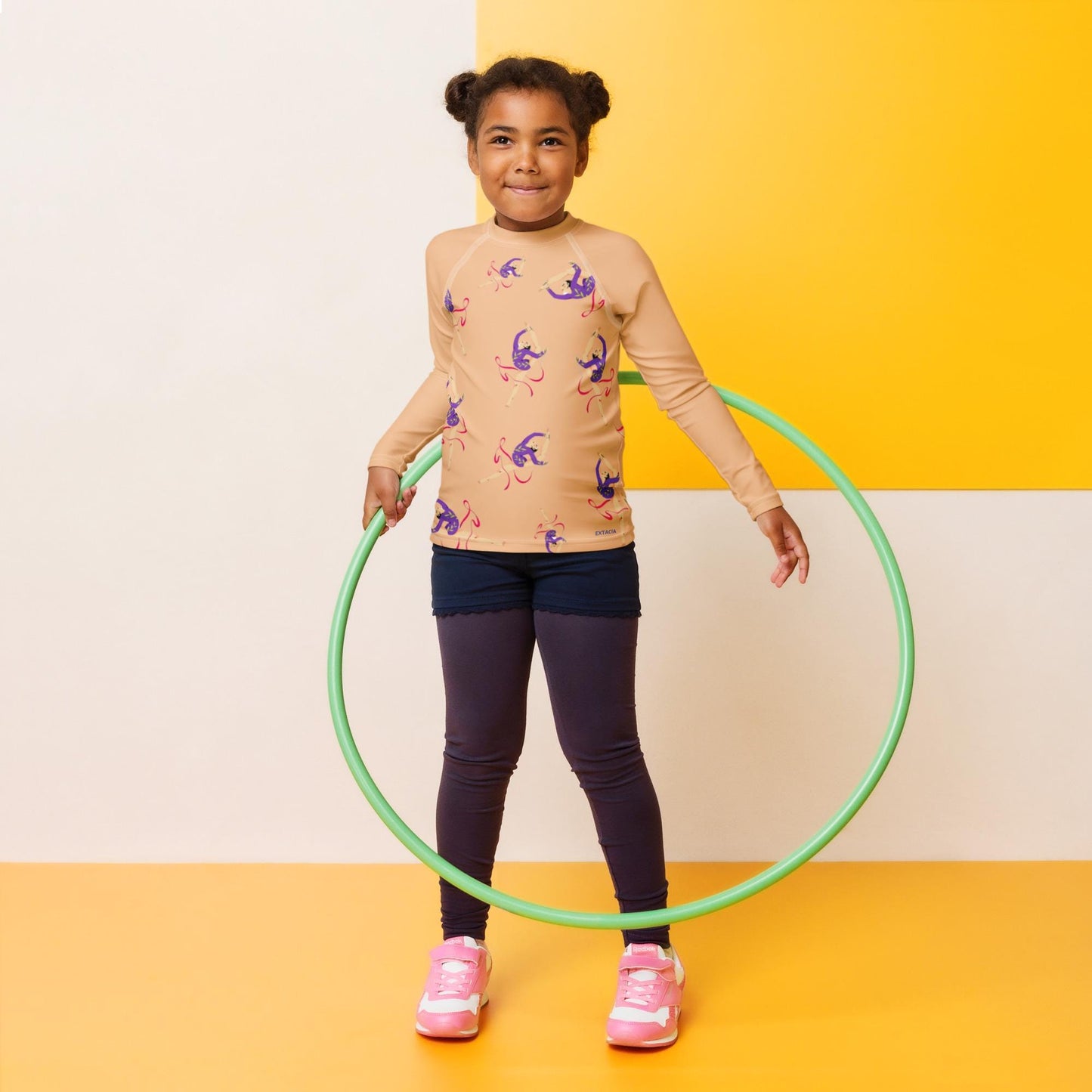 Rash guard pour petite fille – Saumon – Compression légère, séchage rapide – Motif Gymnaste Danseuse