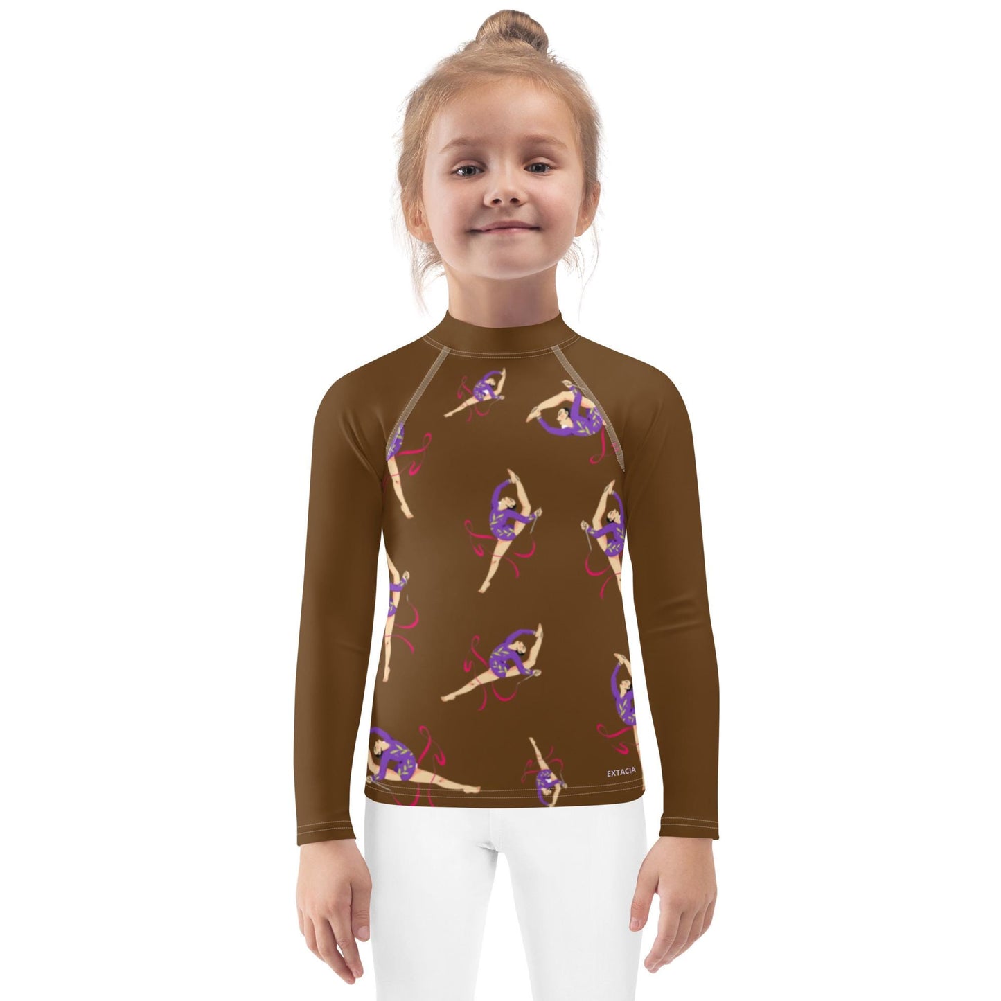 Rash guard pour petite fille – Marron – Compression légère, séchage rapide – Motif Gymnaste Danseuse