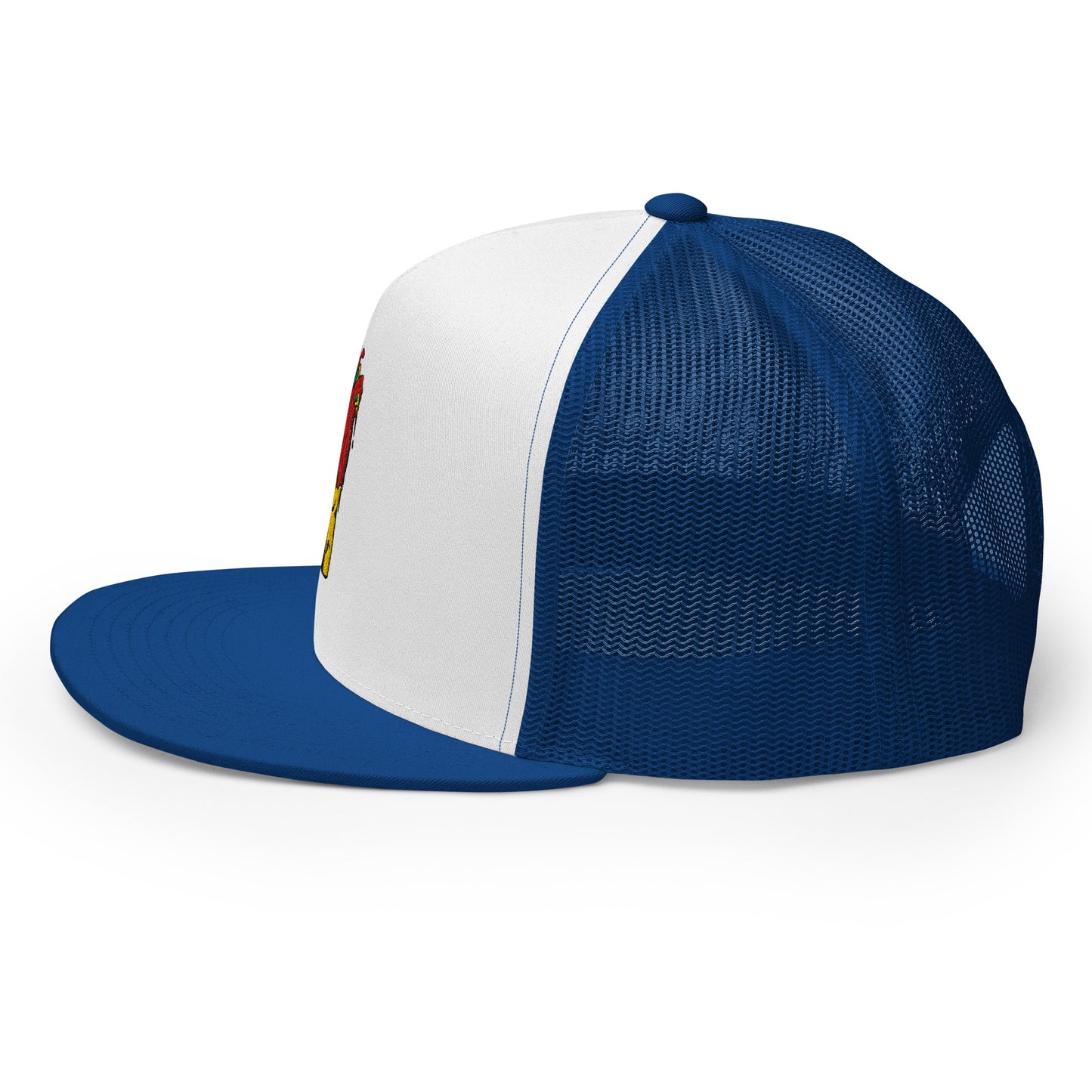 Casquette trucker – vue de profil, dos en maille filet respirante - bleu royal blanc bleu royal  motif brode coeur deja pris