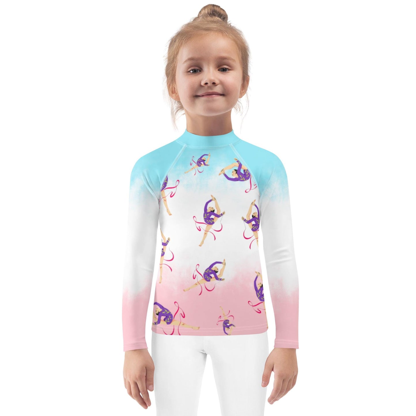 Rash guard pour petite fille – Dégradé Bleu, Blanc, Rosé – Compression légère, séchage rapide – Motif Gymnaste Danseuse