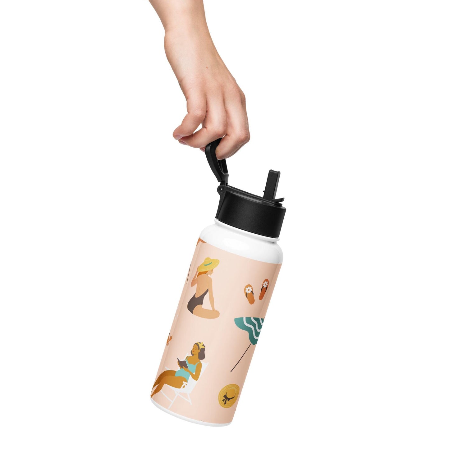 Bouteille Isotherme en Acier Inoxydable avec Paille - gourde écologique, couvercle en plastique sans BPA 32 oz 950 ml - Design Femmes, Plage