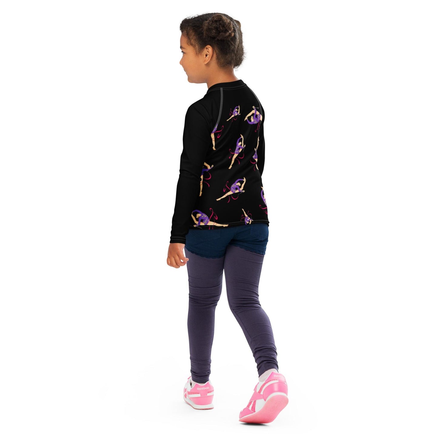 Rash guard pour petite fille – Noir – Compression légère, séchage rapide – Motif Gymnaste Danseuse