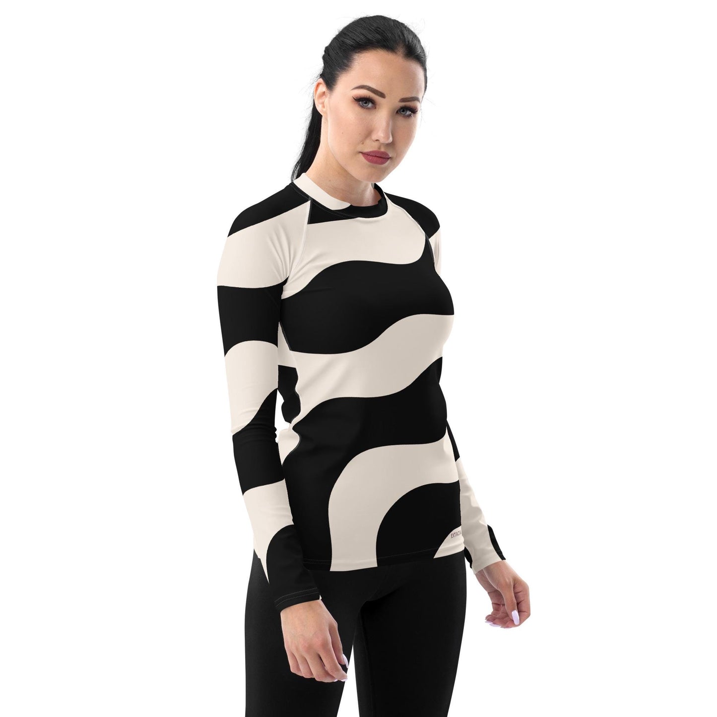 Rash guard pour femme – Beige & Noir – Anti-UV*, séchage rapide, respirant – Graphique Minimaliste