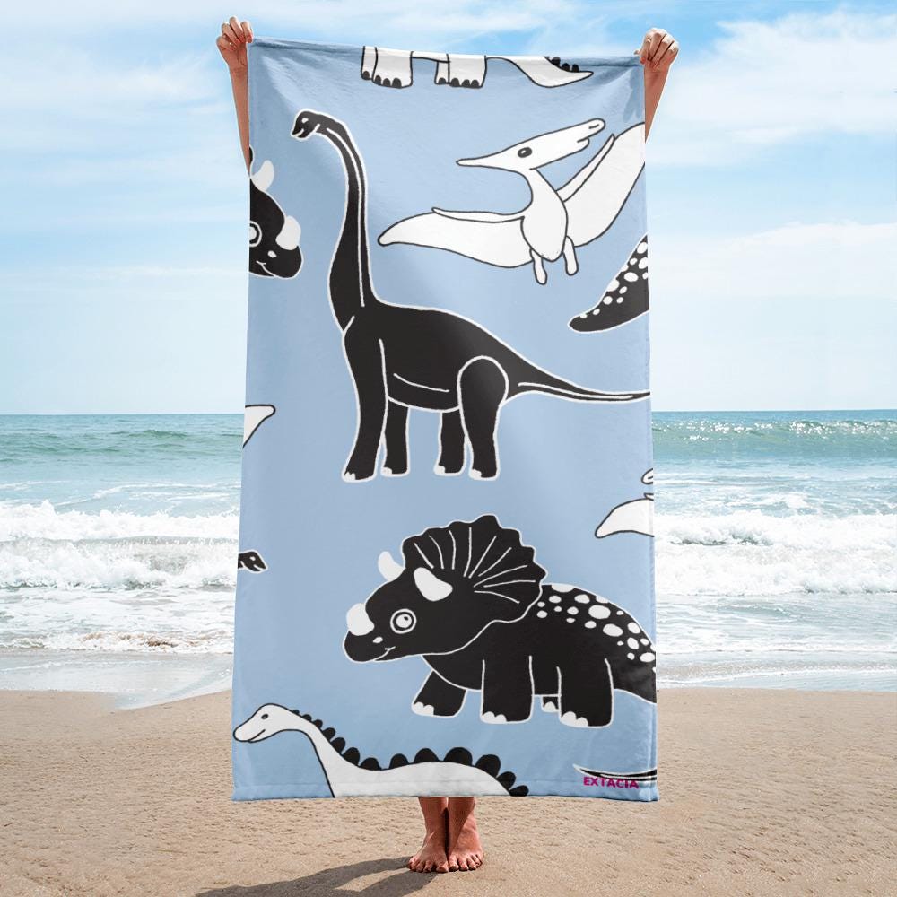 Serviette de Bain et de Plage en Coton – Douce, Absorbante et Compacte - Voyage, Sport, Piscine surf, cadeau - Design dinosaure