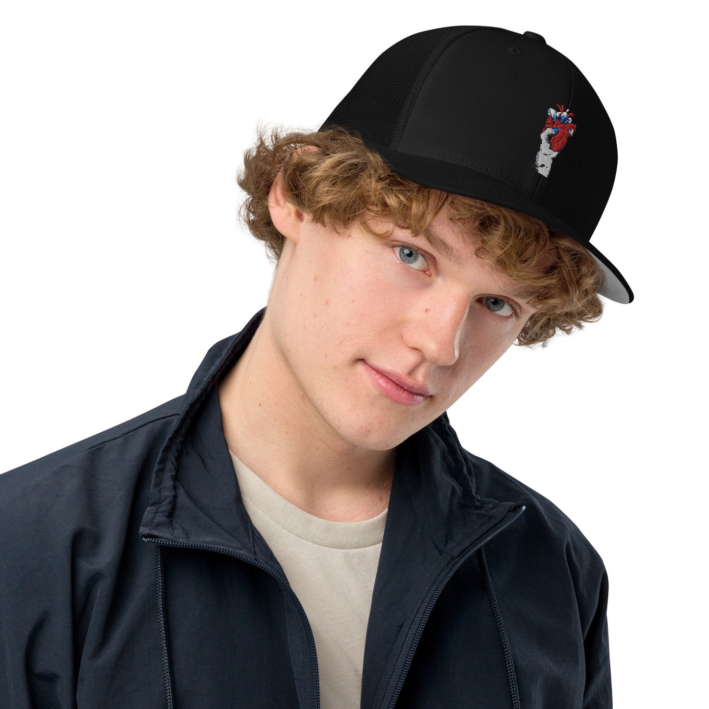 Casquette noire avec dos en maille et motif brodé - snapback non ajustable - unisexe - streetwear, accessoire mode, cadeau, été comme hiver
