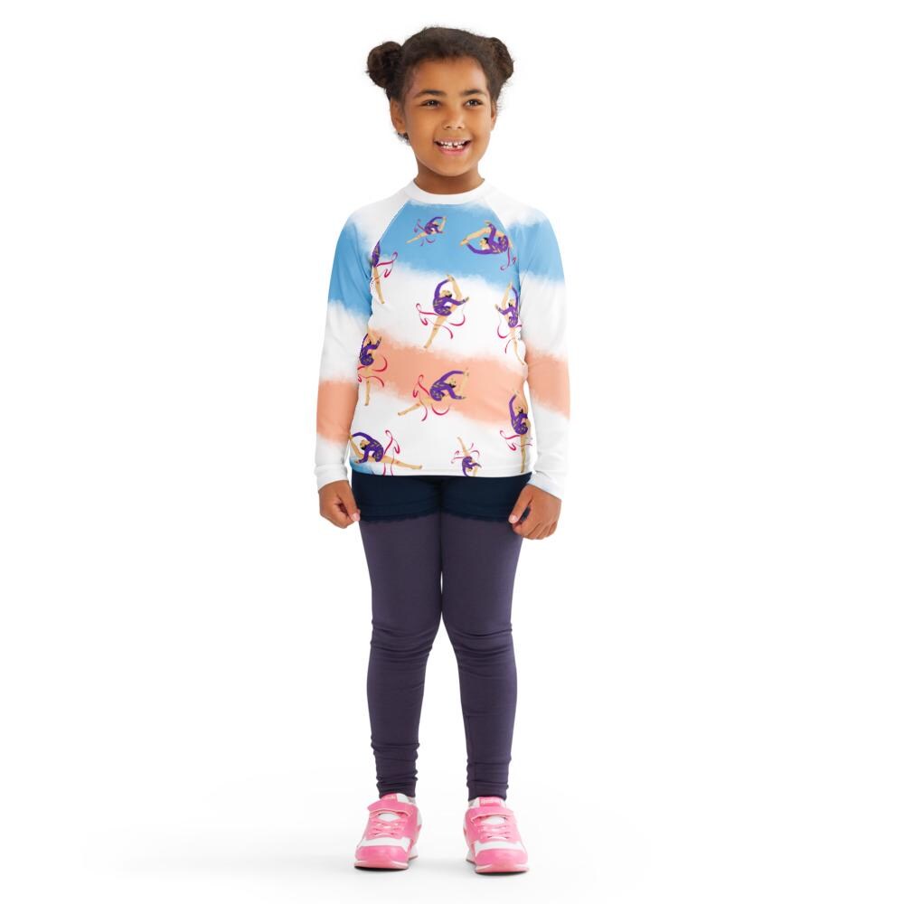 Rash guard pour petite fille – Dégradé Bleu, Blanc, Saumon – Compression légère, séchage rapide – Motif Gymnaste Danseuse