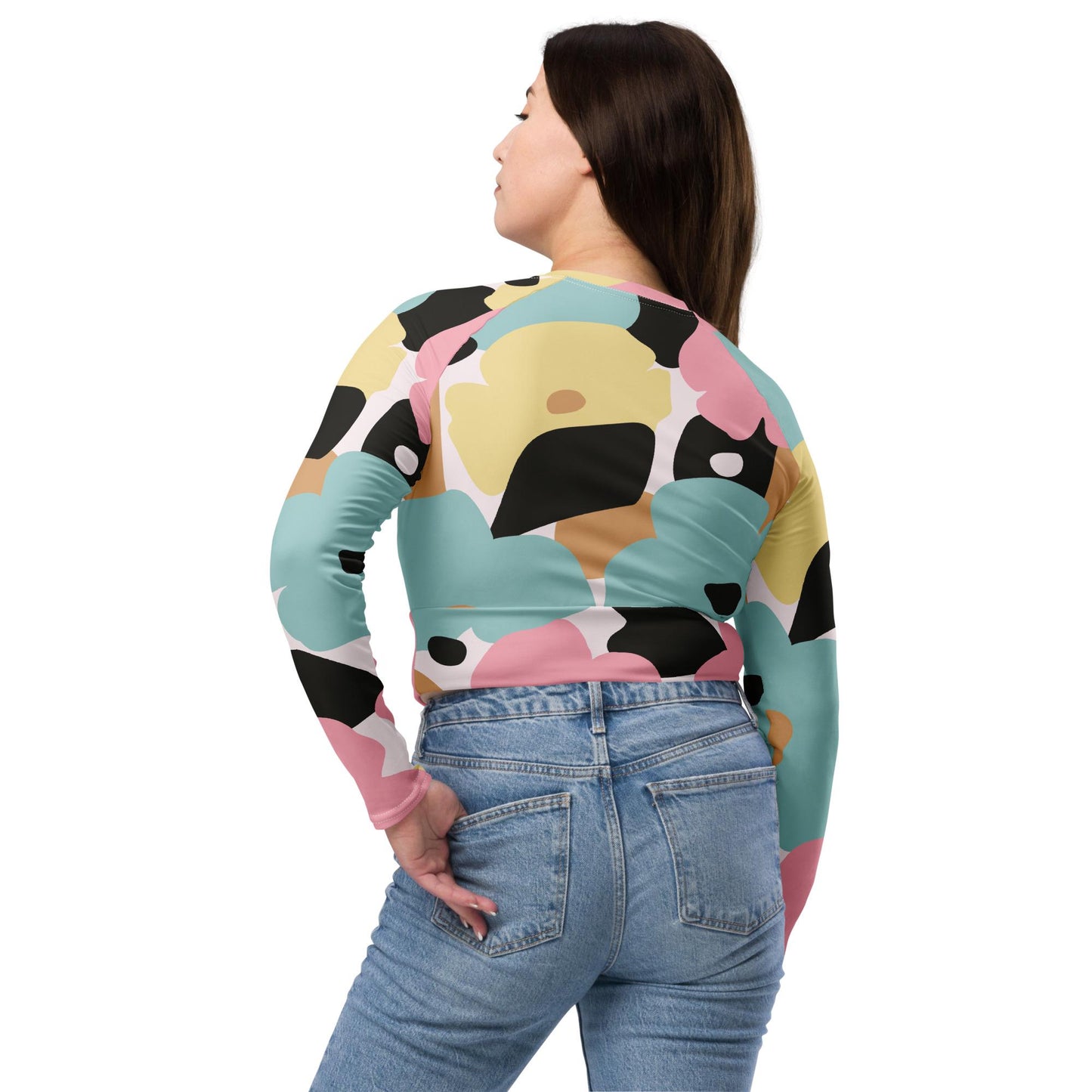 Crop top manches longues pour femme – Fleuri, Pastel – Polyester recyclé, haut court éco-responsable & confortable