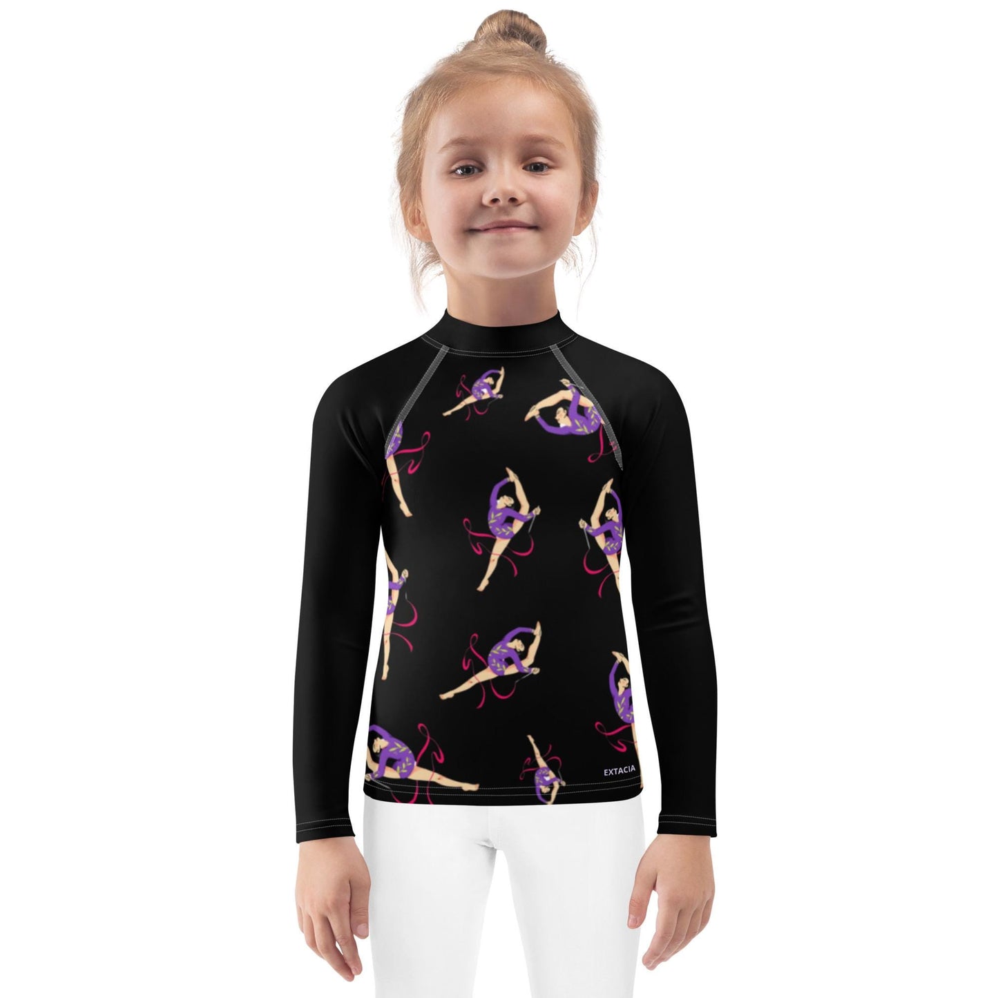 Rash guard pour petite fille – Noir – Compression légère, séchage rapide – Motif Gymnaste Danseuse
