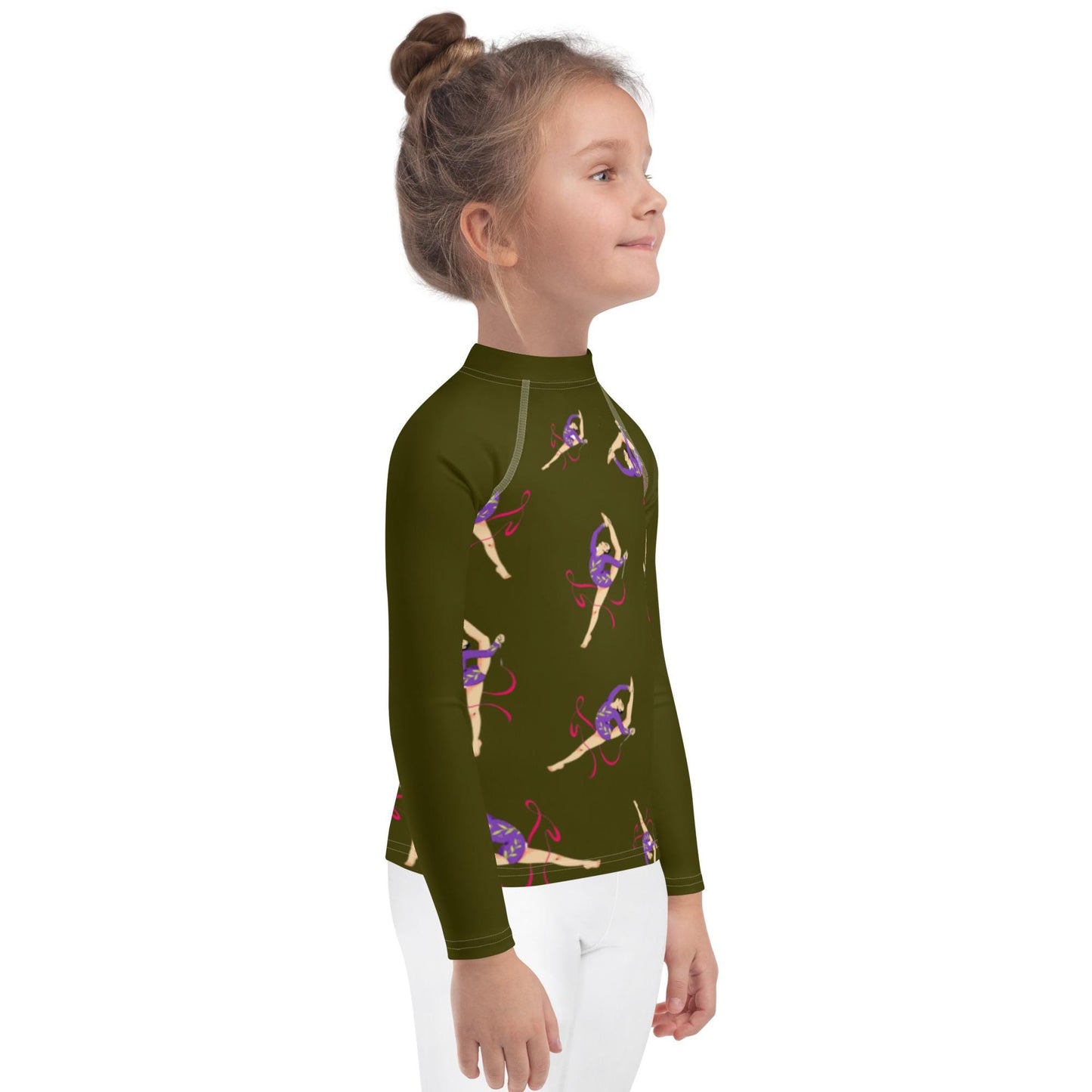 Rash guard pour petite fille – Vert Militaire – Compression légère, séchage rapide – Motif Gymnaste Danseuse