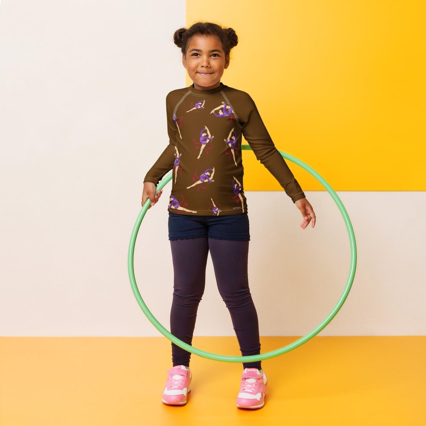 Rash guard pour petite fille – Marron – Compression légère, séchage rapide – Motif Gymnaste Danseuse