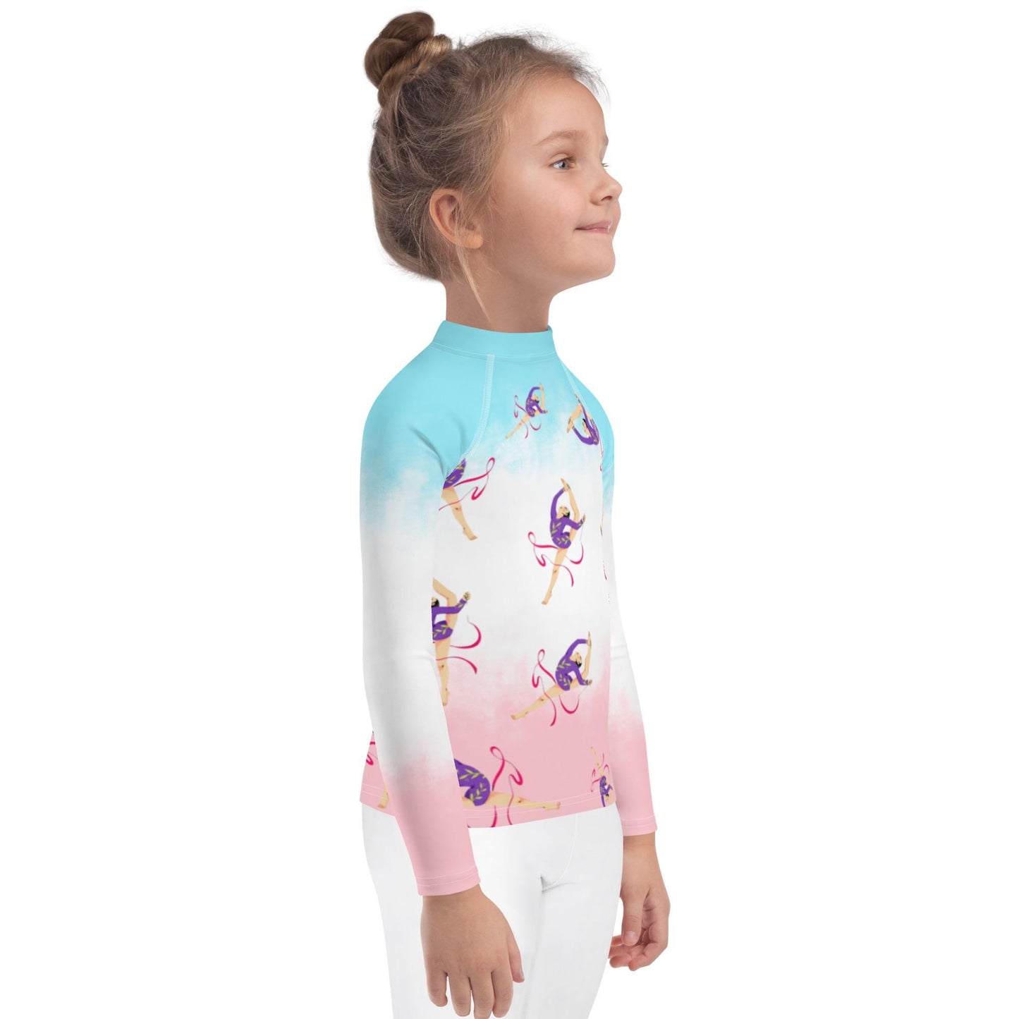 Rash guard pour petite fille – Dégradé Bleu, Blanc, Rosé – Compression légère, séchage rapide – Motif Gymnaste Danseuse