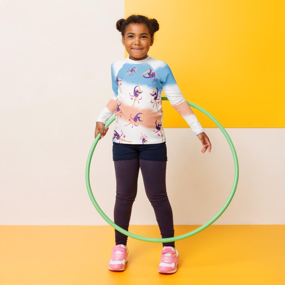 Rash guard pour petite fille – Dégradé Bleu, Blanc, Saumon – Compression légère, séchage rapide – Motif Gymnaste Danseuse