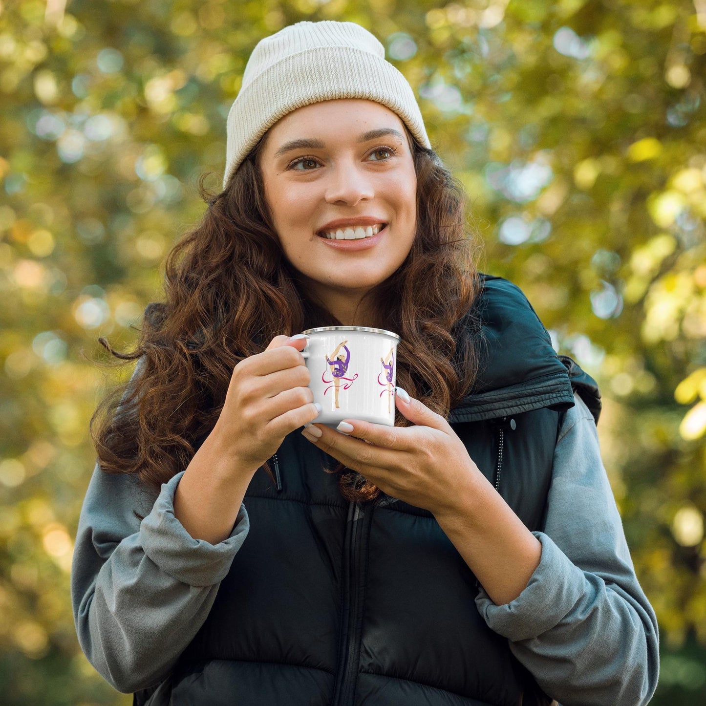 Mug émaillé Blanc Brillant avec anse - Tasse en émail personnalisable - légère, vintage - camping, cadeau, Design Danseuse Gymnaste