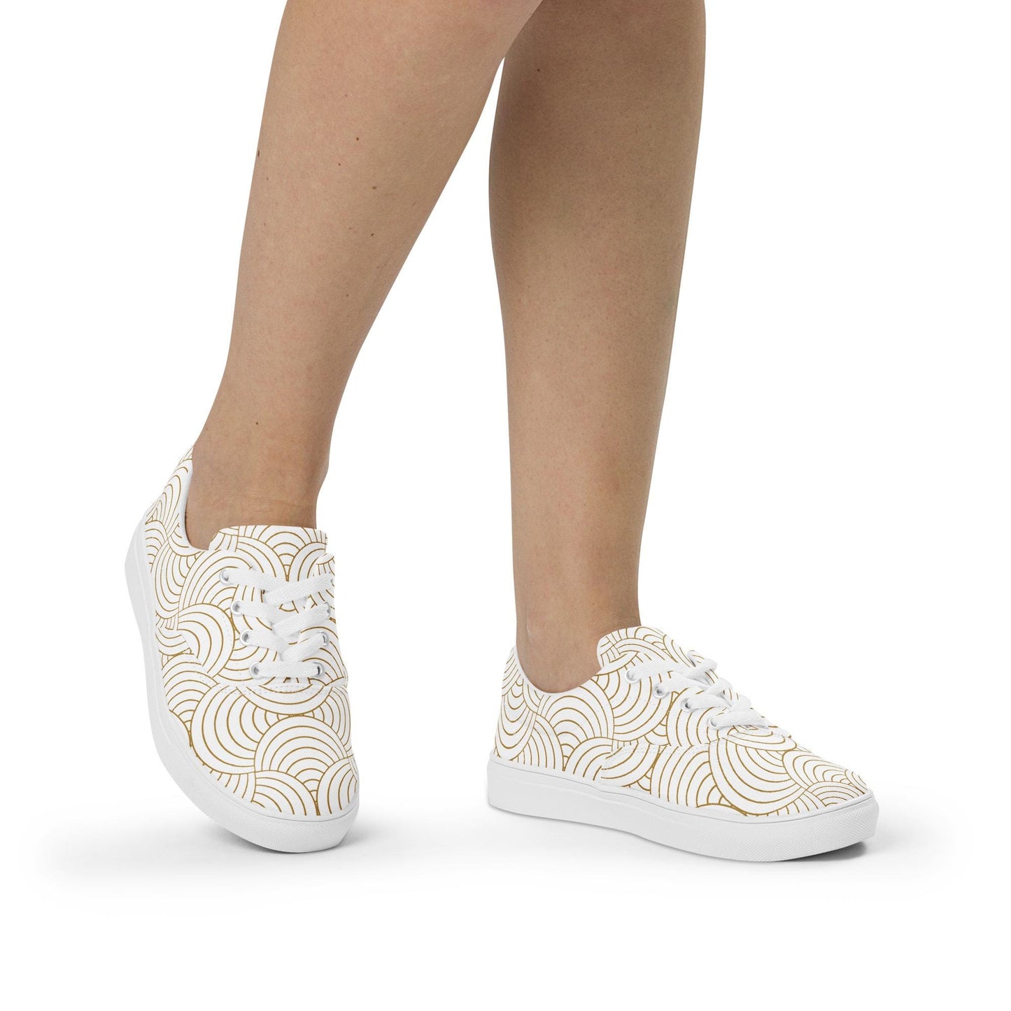 Tennis en toile pour femme - Blanc et Or – À lacets, légères et confortables – Graphique