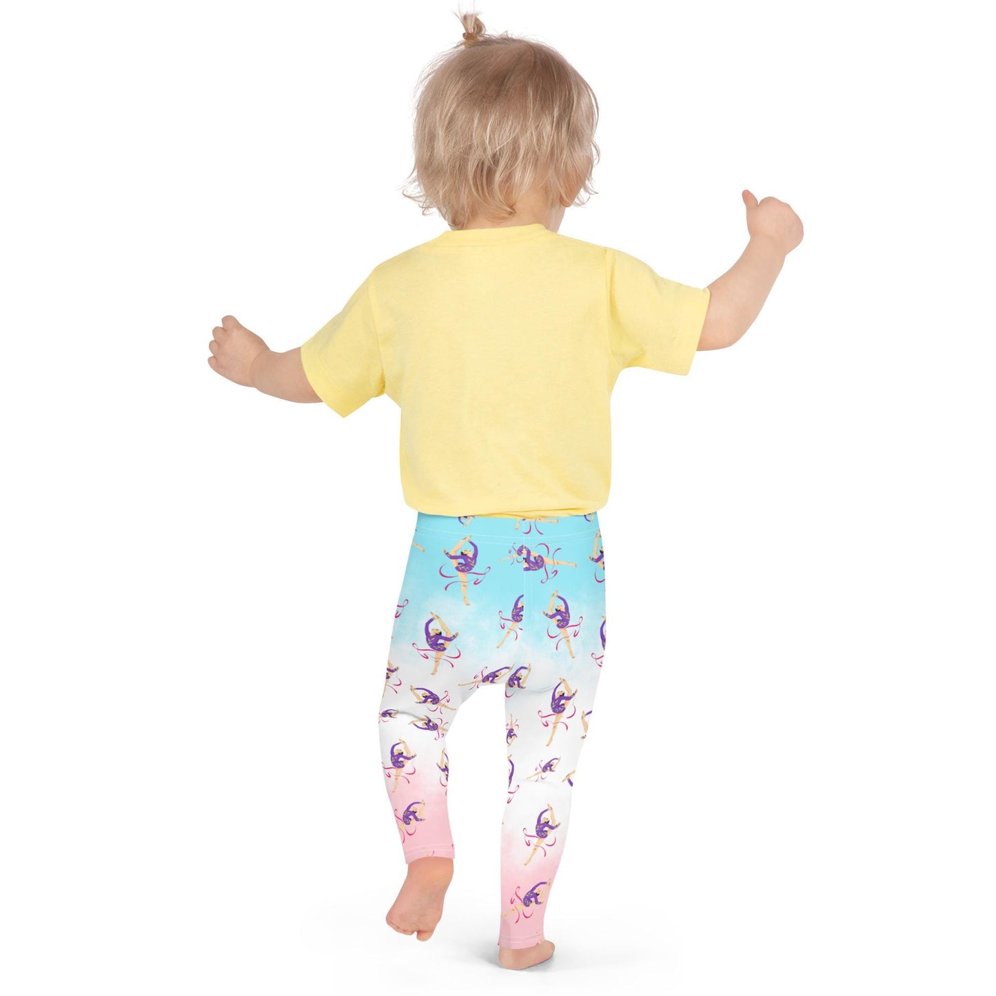 Legging pour petite fille – Dégradé Bleu, Blanc, Rosé – Doux, extensible, toutes saisons – Motif Gymnaste Danseuse