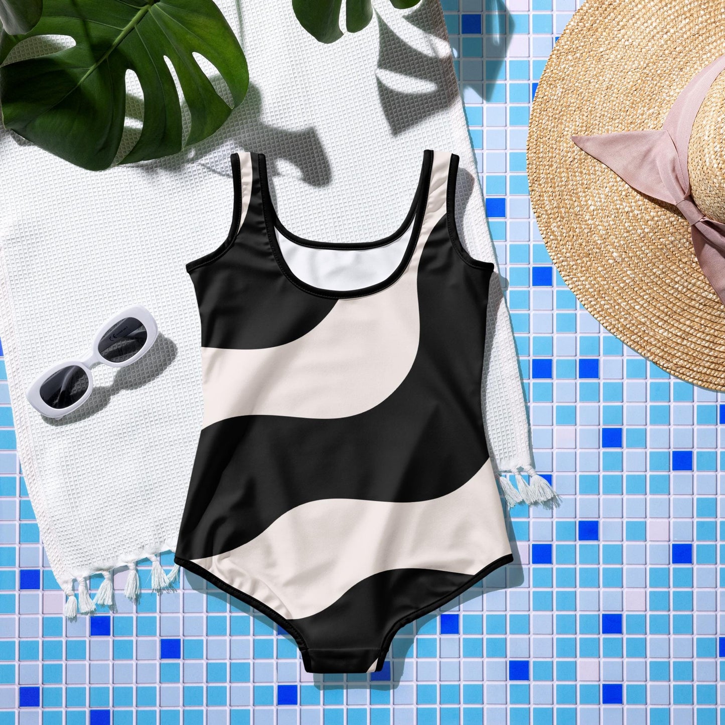 Maillot de bain 1 pièce pour fille ado – Beige & Noir – maintien & séchage rapide – Graphique