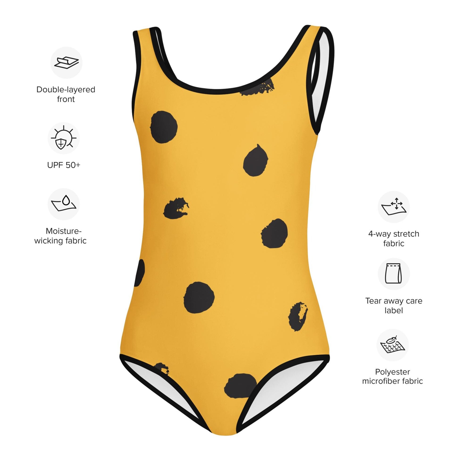 Maillot de bain enfant - jaune et noir à tacheté, imprimé animal, minimaliste – Détail matière extensible et séchage rapide