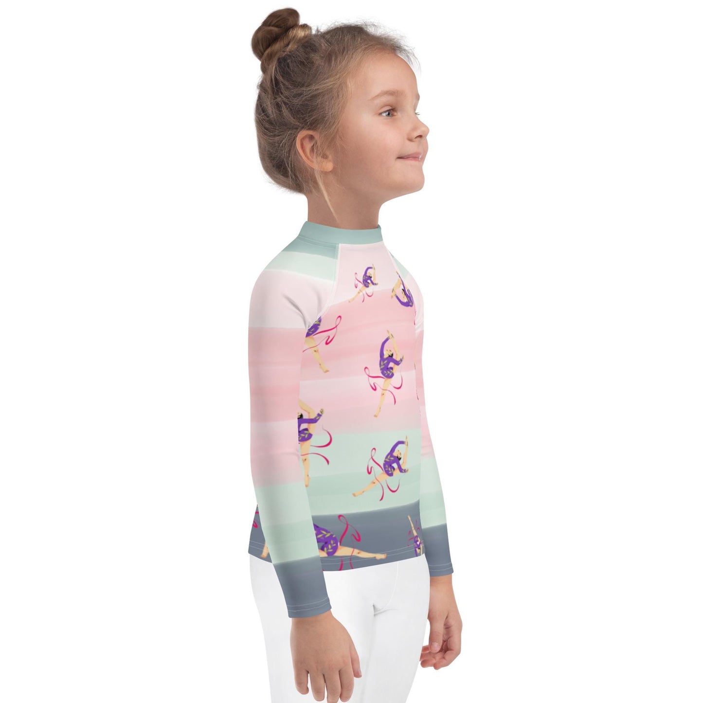Rash guard pour petite fille – Dégradé Rose Kaki – Compression légère, séchage rapide – Motif Gymnaste Danseuse