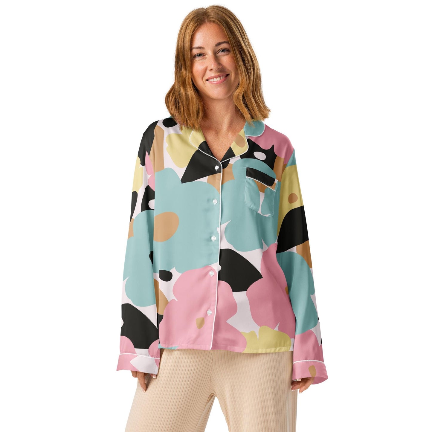 Chemisier de pyjama pour femme - Fleuri, Pastel - Manches longues – Doux, chaud et confortable
