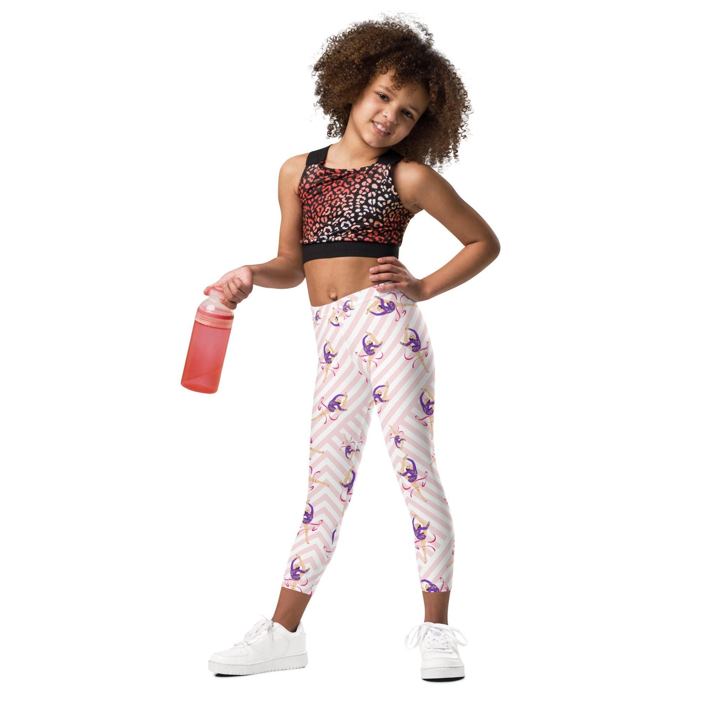 Legging pour petite fille – Blanc & Rose – Doux, extensible, toutes saisons – Motif Gymnaste Danseuse
