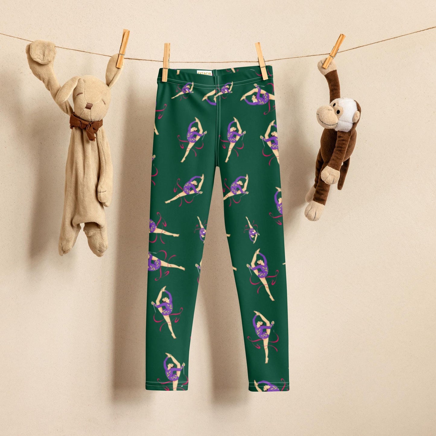Legging pour petite fille – Vert Sapin – Doux, extensible, toutes saisons – Motif Gymnaste Danseuse