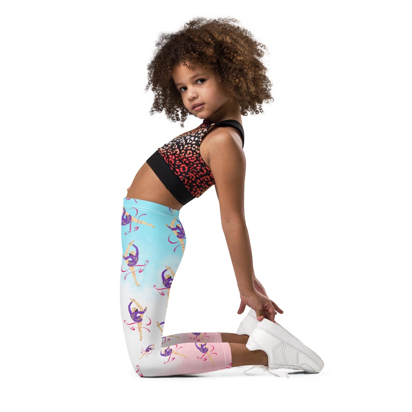 Legging pour petite fille – Dégradé Bleu, Blanc, Rosé – Doux, extensible, toutes saisons – Motif Gymnaste Danseuse