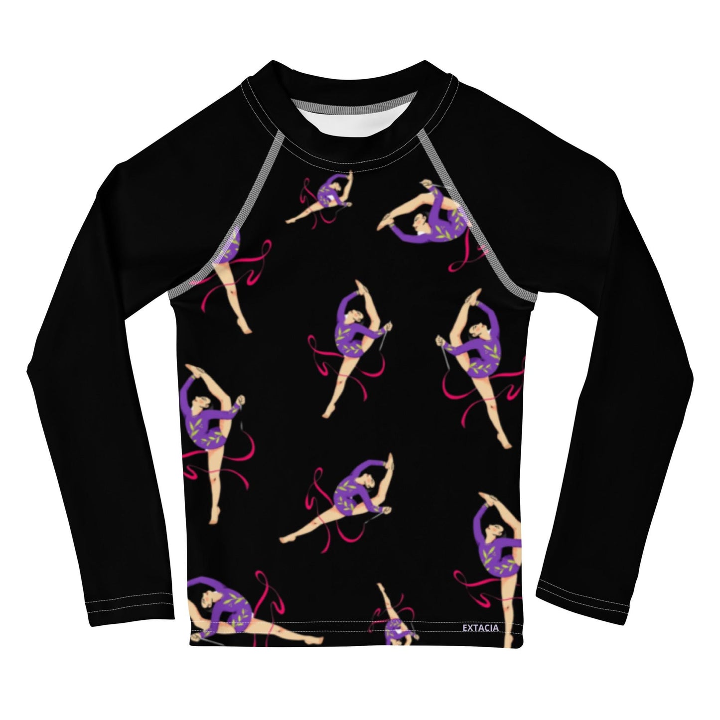 Rash guard pour petite fille – Noir – Compression légère, séchage rapide – Motif Gymnaste Danseuse