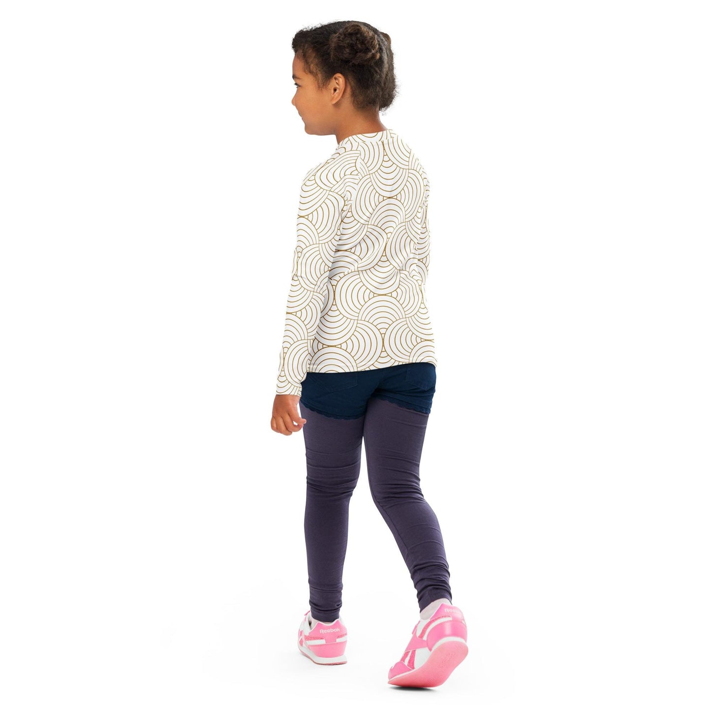 Rash guard pour petite fille – Blanc & Or – Compression légère, séchage rapide – Graphique