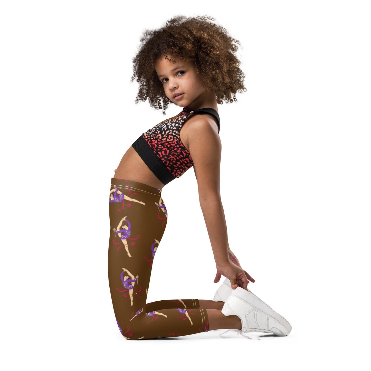 Legging pour petite fille – Marron – Doux, extensible, toutes saisons – Motif Gymnaste Danseuse