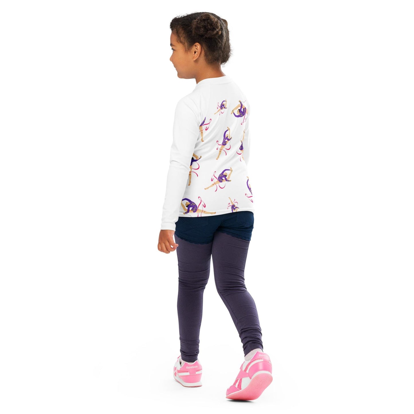 Rash guard pour petite fille – Blanc – Compression légère, séchage rapide – Motif Gymnaste Danseuse