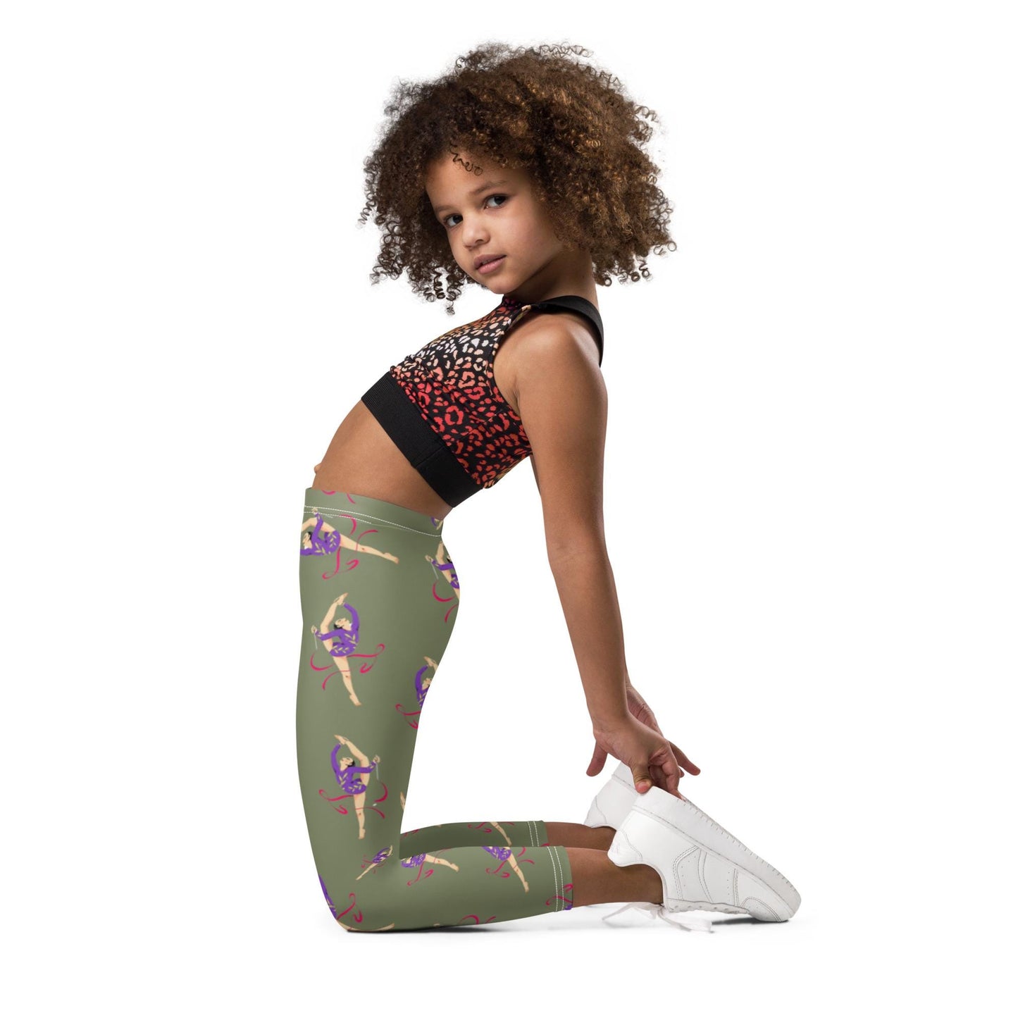 Legging pour petite fille – Kaki – Doux, extensible, toutes saisons – Motif Gymnaste Danseuse