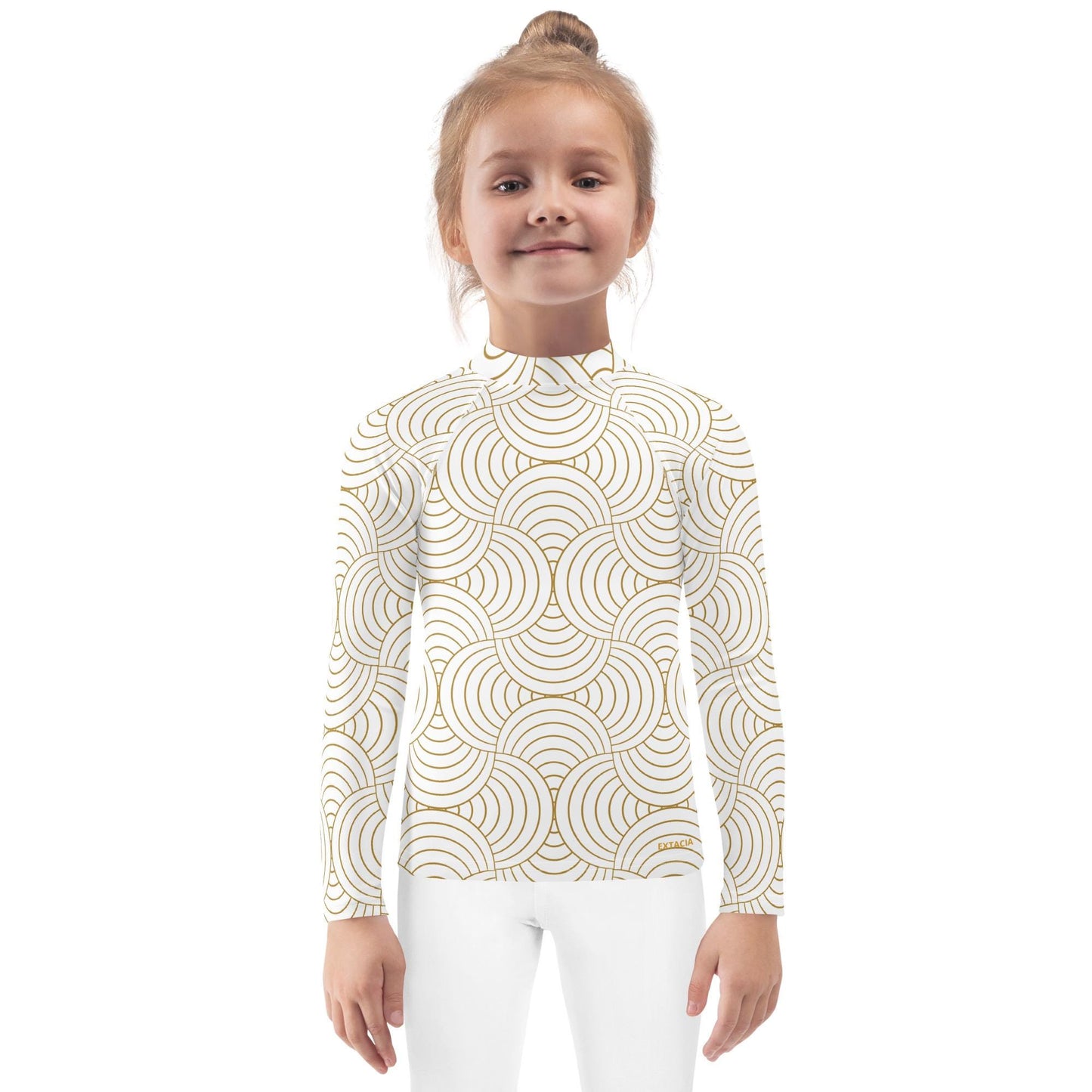 Rash guard pour petite fille – Blanc & Or – Compression légère, séchage rapide – Graphique