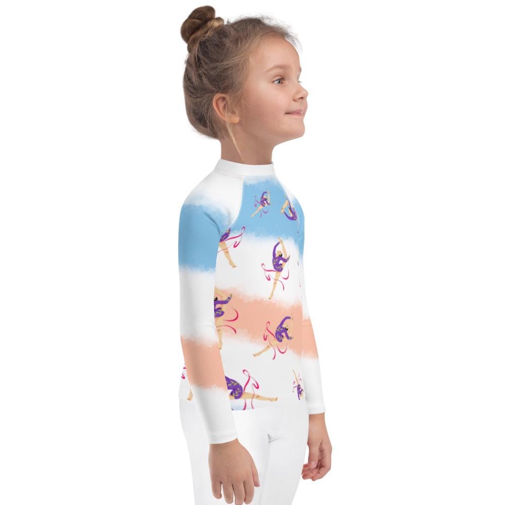 Rash guard pour petite fille – Dégradé Bleu, Blanc, Saumon – Compression légère, séchage rapide – Motif Gymnaste Danseuse