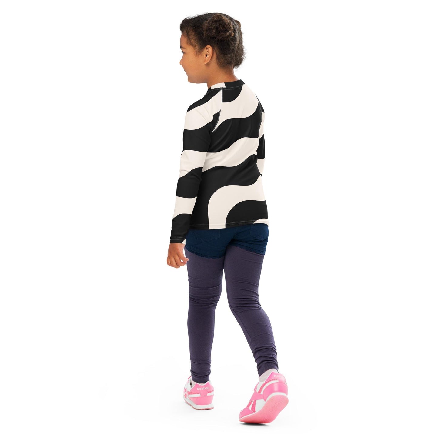Rash guard pour petite fille – Beige & Noir – Compression légère, séchage rapide – Graphique